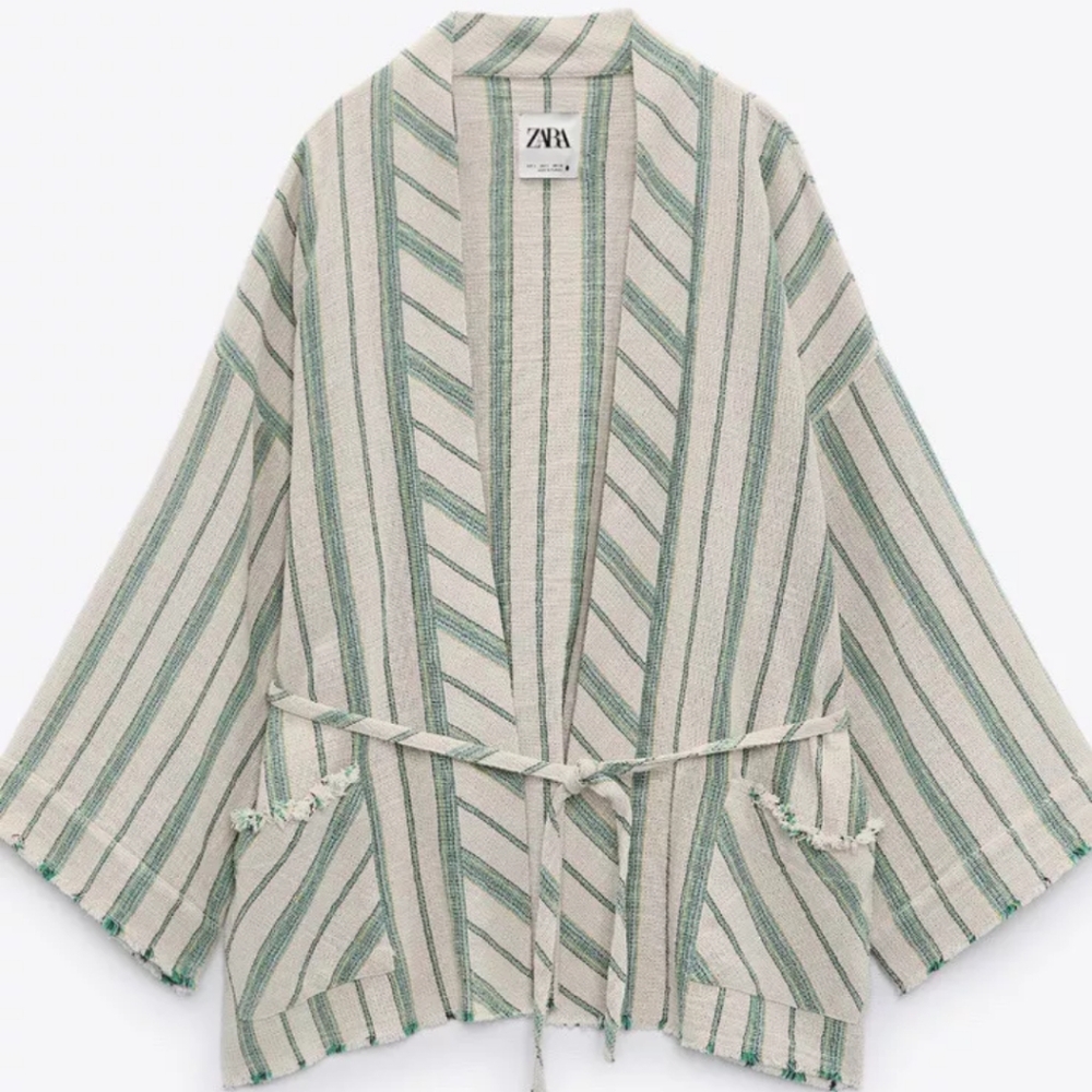 ZARA Green Striped Open Kimono Jacket